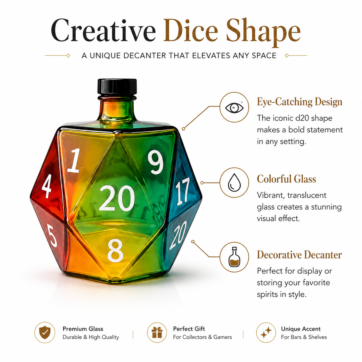Wine Beer Liquor - Whiskey Decanter D20 Dice Rainbow Gradient